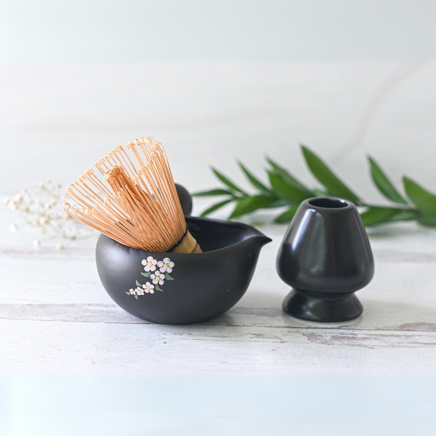 Black Flowers Matcha Bowl with Spout Set by Aprika Life