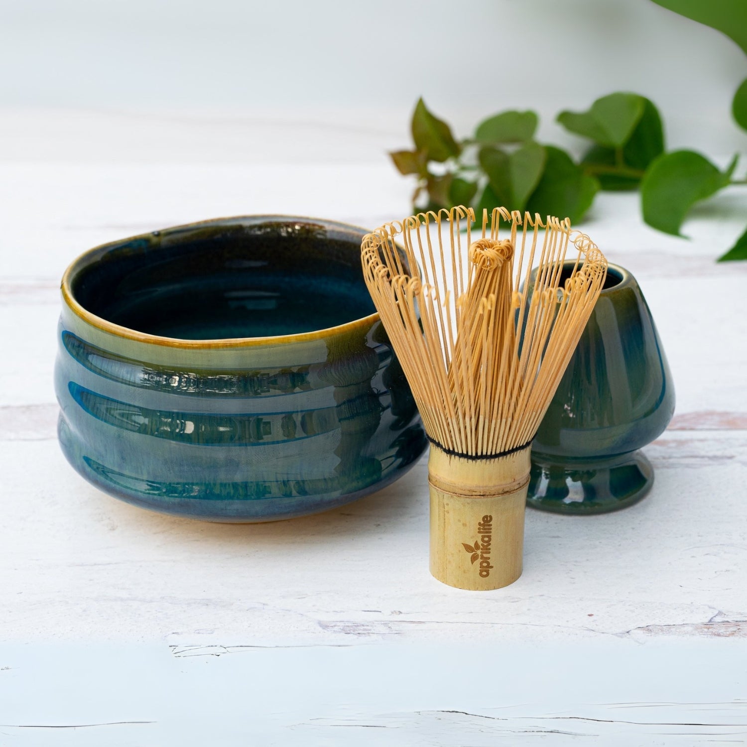 Blue Ceramic Matcha Bowl and Bamboo Whisk Set by Aprika Life