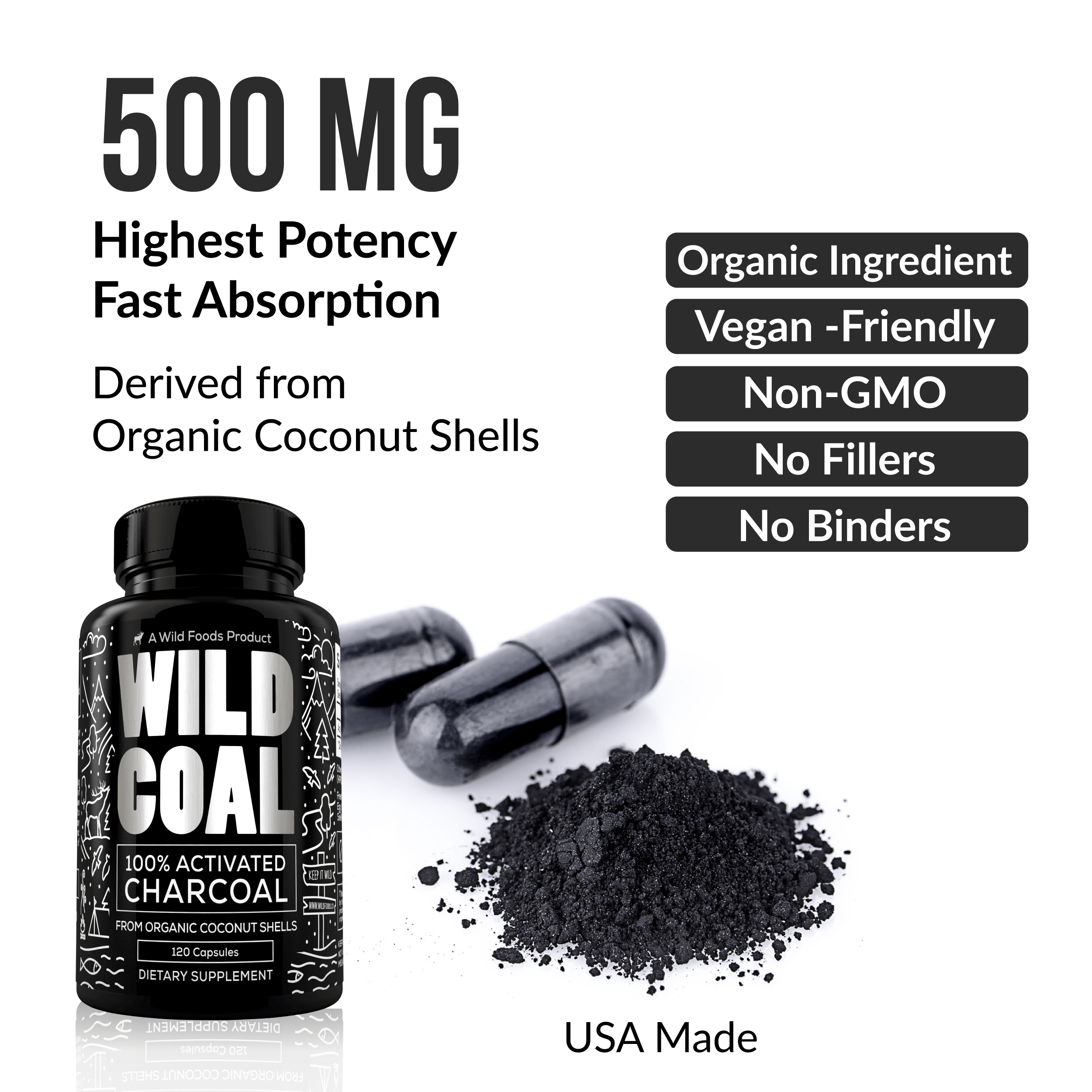 Activated Charcoal Capsules made from 100% Organic Coconuts, 120ct